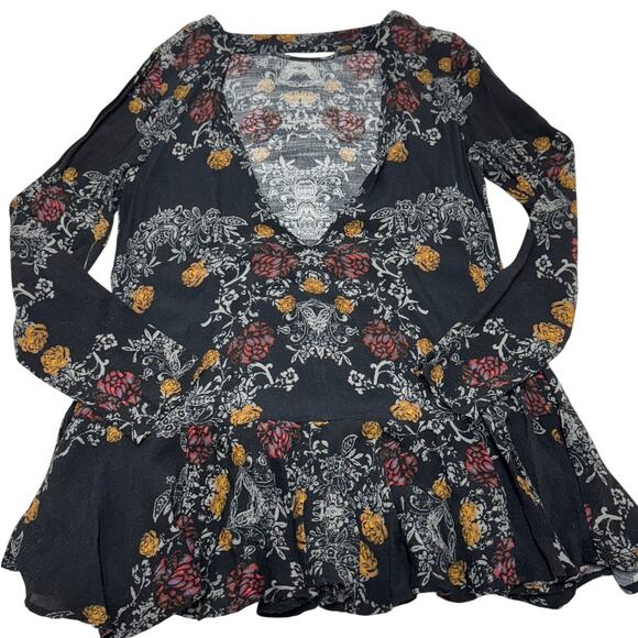 Free People Dress Womens Small Black Floral Smooth Talker Tunic Open Back Boho - Picture 3 of 9